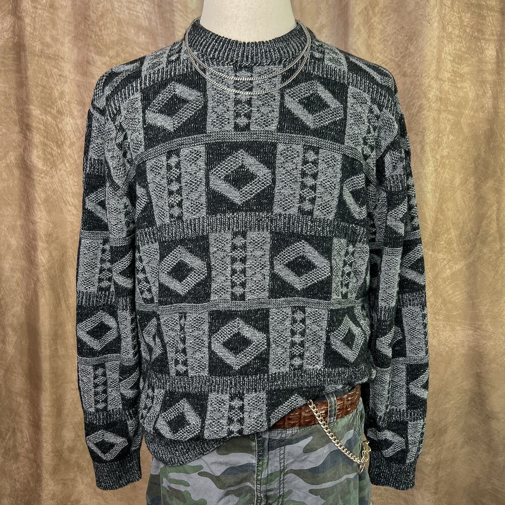 Vintage 90s Geometric Sweater Knit Gray Black Long Sleeve Grunge Streetwear